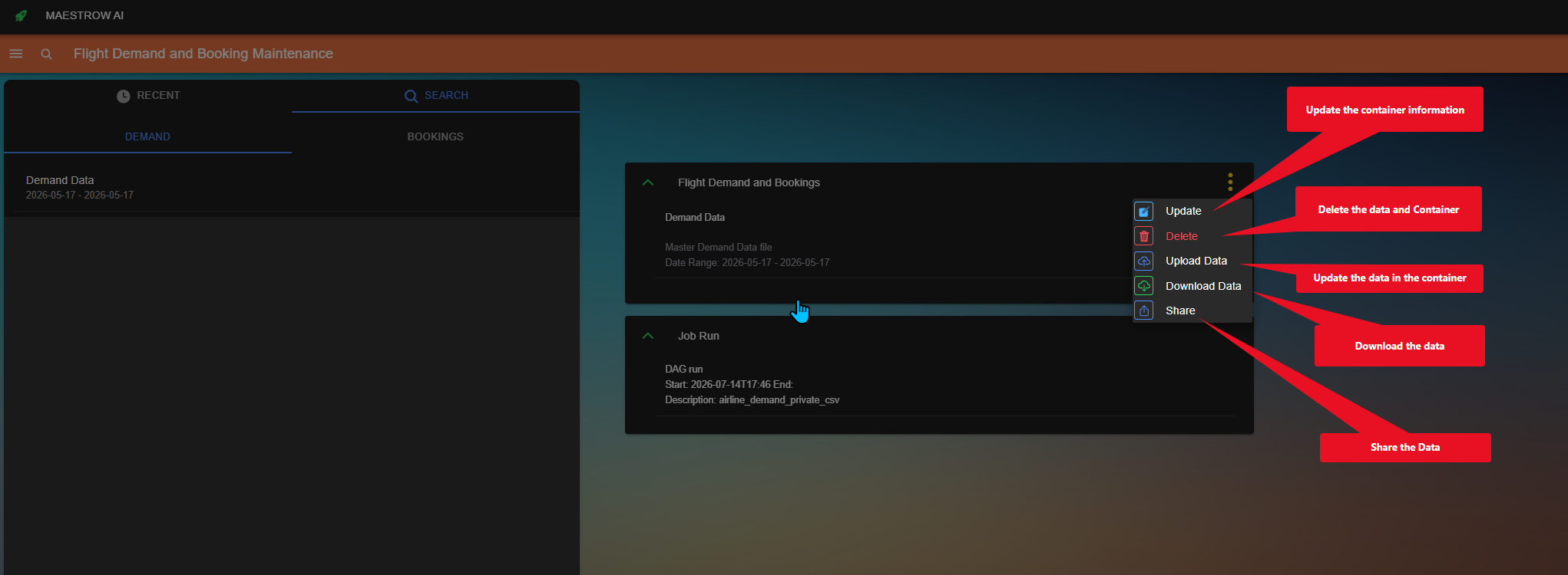 Options after data upload